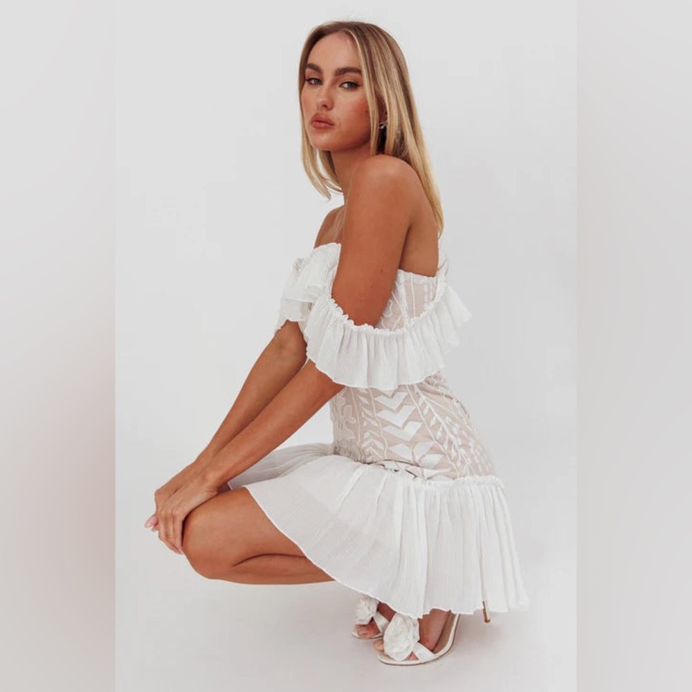 Viral Off Shoulder White Mini Dress – Frill Hem, Embroidered Mesh - Picture 2 of 12